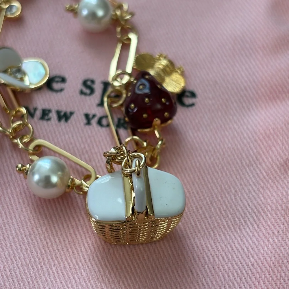 NWOT Kate  spade Gold Charm Bracelet with Burgundy Strawberry & Pearl Accents - Picture 6 of 6